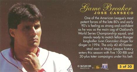 1994 Fleer Extra Bases - Game Breakers #5 Jose Canseco Back