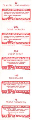 1984 Topps Stickers - Test Strips #32 / 75 / 106 / 228 / 229 Claudell Washington / Doug DeCinces / Bobby Grich / Tom Seaver / Pedro Guerrero Back