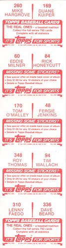 1984 Topps Stickers - Test Strips #48/60/84/94/169/170/260/310/336/348 Duane Kuiper / Mike Hargrove / Rick Honeycutt / Eddie Milner / Fergie Jenkins / Tom O'Malley / Tim Wallach / Roy Thomas / Dave Beard / Lenny Faedo Back
