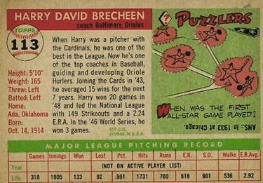 1955 Topps #113 Harry Brecheen Back