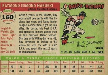 1955 Topps #160 Ray Narleski Back