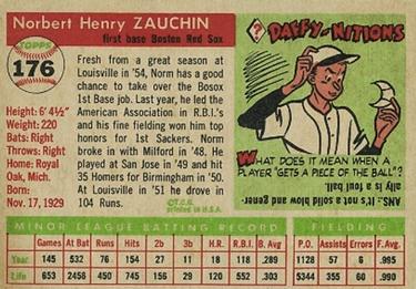 1955 Topps #176 Norm Zauchin Back