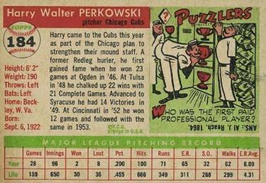 1955 Topps #184 Harry Perkowski Back