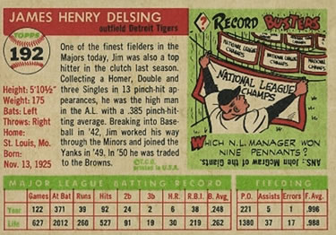 1955 Topps #192 Jim Delsing Back