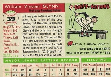 1955 Topps #39 Bill Glynn Back