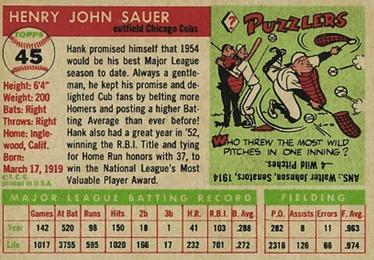 1955 Topps #45 Hank Sauer Back