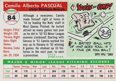 1955 Topps #84 Camilo Pascual Back
