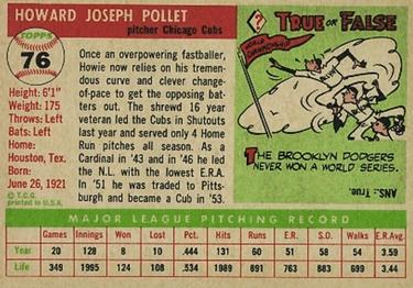 1955 Topps #76 Howie Pollet Back