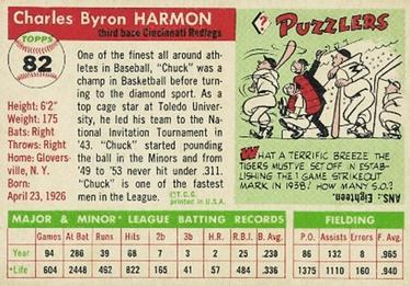 1955 Topps #82 Chuck Harmon Back
