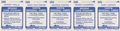 1983 Topps Stickers - Test Strips #NNO Gary Carter / Pedro Guerrero / George Foster / Gary Matthews / Manny Trillo Back
