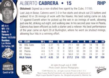 2009 MultiAd Peoria Chiefs SGA #8 Alberto Cabrera Back