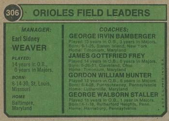 2023 Topps Heritage - 50th Anniversary Buybacks #306 Orioles Field Leaders (Earl Weaver / Jim Frey / George Bamberger / Billy Hunter / George Staller) Back