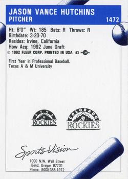 1992 Fleer ProCards Bend Rockies SGA #1472 Jason Hutchins Back