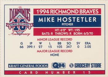 1994 Richmond Braves Perforated #15 Mike Hostetler Back