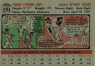 1956 Topps #191 Frank Lary Back