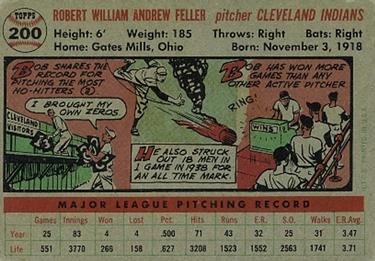 1956 Topps #200 Bob Feller Back