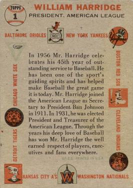 1956 Topps #1 Will Harridge Back