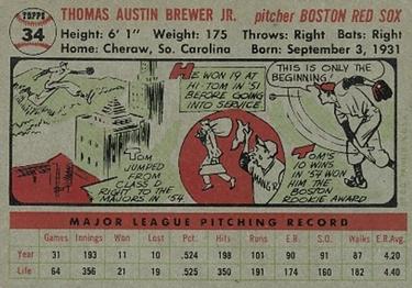 1956 Topps #34 Tom Brewer Back