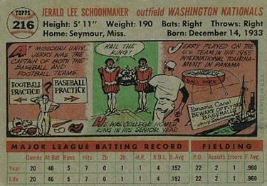 1956 Topps #216 Jerry Schoonmaker Back