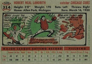 1956 Topps #314 Hobie Landrith Back