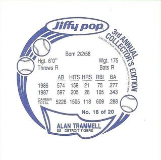 1988 Jiffy Pop Discs - Square Proofs #16 Alan Trammell Back