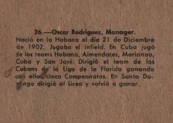 1956-57 Chicle Peloteros Cuban League #26 Oscar Rodriguez Back