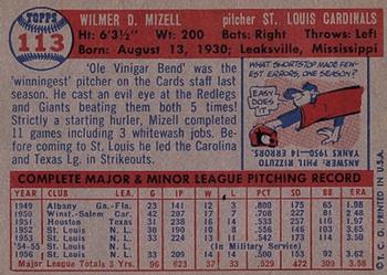 1957 Topps #113 Wilmer Mizell Back