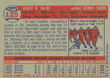1957 Topps #125 Al Kaline Back