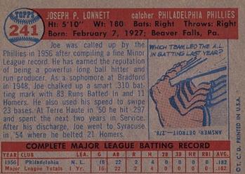 1957 Topps #241 Joe Lonnett Back