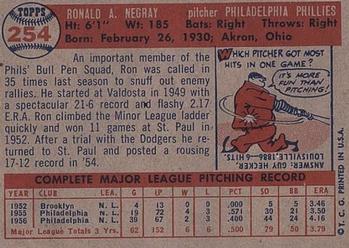 1957 Topps #254 Ron Negray Back