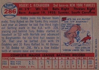 1957 Topps #286 Bobby Richardson Back