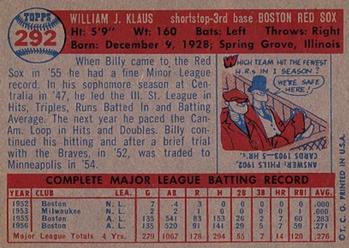 1957 Topps #292 Billy Klaus Back