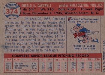 1957 Topps #374 Don Cardwell Back