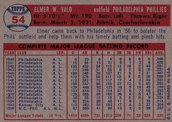 1957 Topps #54 Elmer Valo Back