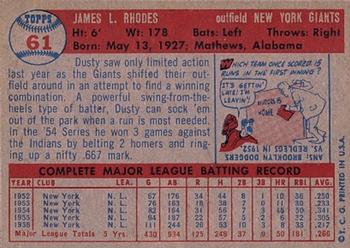 1957 Topps #61 Dusty Rhodes Back