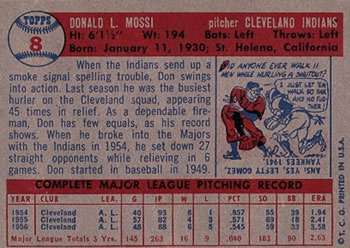 1957 Topps #8 Don Mossi Back