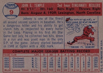 1957 Topps #9 Johnny Temple Back