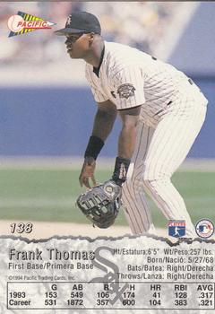 1994 Pacific #138 Frank Thomas Back