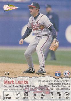 1994 Pacific #13 Mark Lemke Back