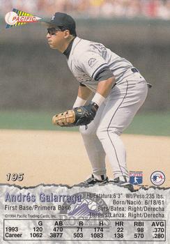 1994 Pacific #195 Andres Galarraga Back