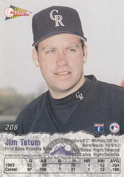 1994 Pacific Crown Collection #208 Jim Tatum Back - 380-208Bk