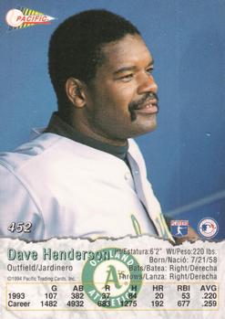 1994 Pacific #452 Dave Henderson Back