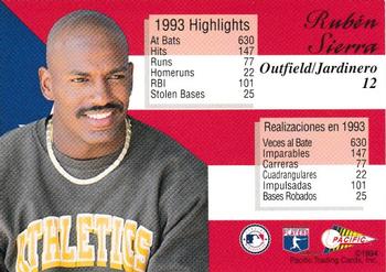 1994 Pacific - All Latino All-Star Team #12 Ruben Sierra Back