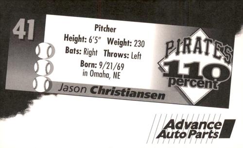 1996 Advance Auto Parts Pittsburgh Pirates #NNO Jason Christiansen Back