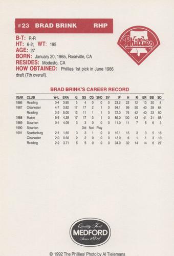 1992 Medford Philadelphia Phillies Photocards - Update #NNO Brad Brink Back