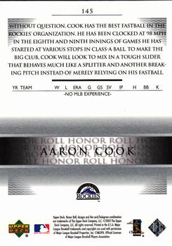 2002 Upper Deck Rookie Debut - 2002 Upper Deck Honor Roll Update #145 Aaron Cook Back