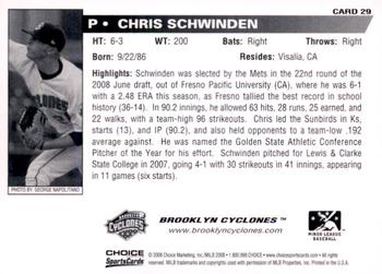 2008 Choice Brooklyn Cyclones #29 Chris Schwinden Back