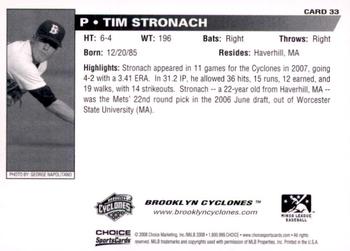 2008 Choice Brooklyn Cyclones #33 Tim Stronach Back