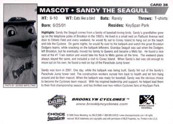 2008 Choice Brooklyn Cyclones #39 Sandy the Seagull Back