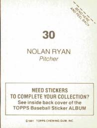 1981 Topps Stickers #30 Nolan Ryan Back